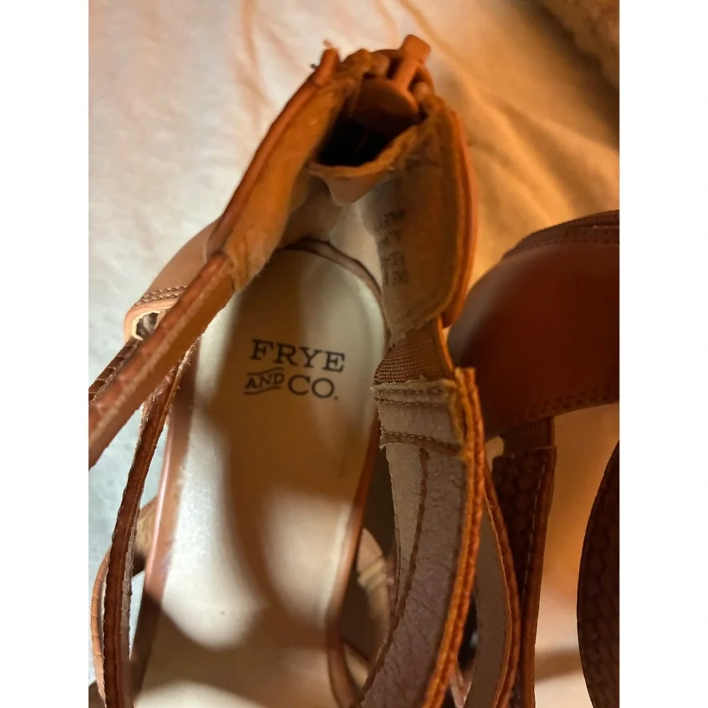Frye and Co Gale Cognac Woven Strappy Wedge Sandals Brown Size 8M
